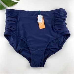 New Kona Sol Shirred High Coverage High Waist Bikini Bottom Navy 16W 18W